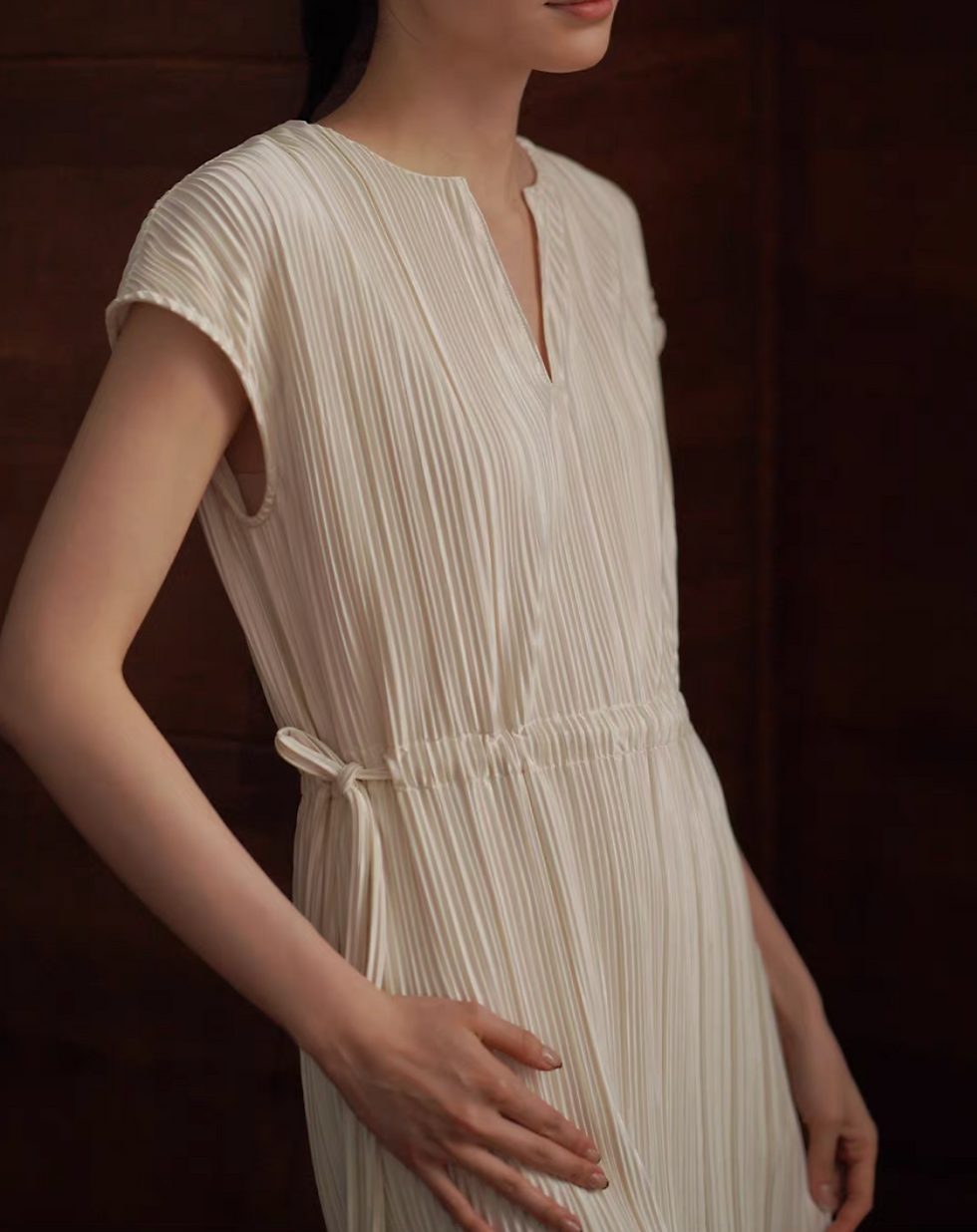 Thumbnail: Ivory ribbed waist drawstring poly rayon midi dress