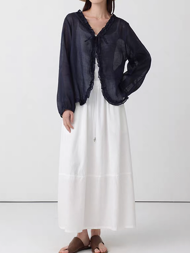 Pure linen ruffles trim drawstring sheer blouse / cardigan 9