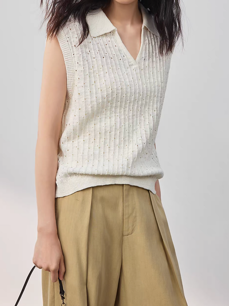 Crochet ivory cotton linen flutter sleeves crochet polo vest 5