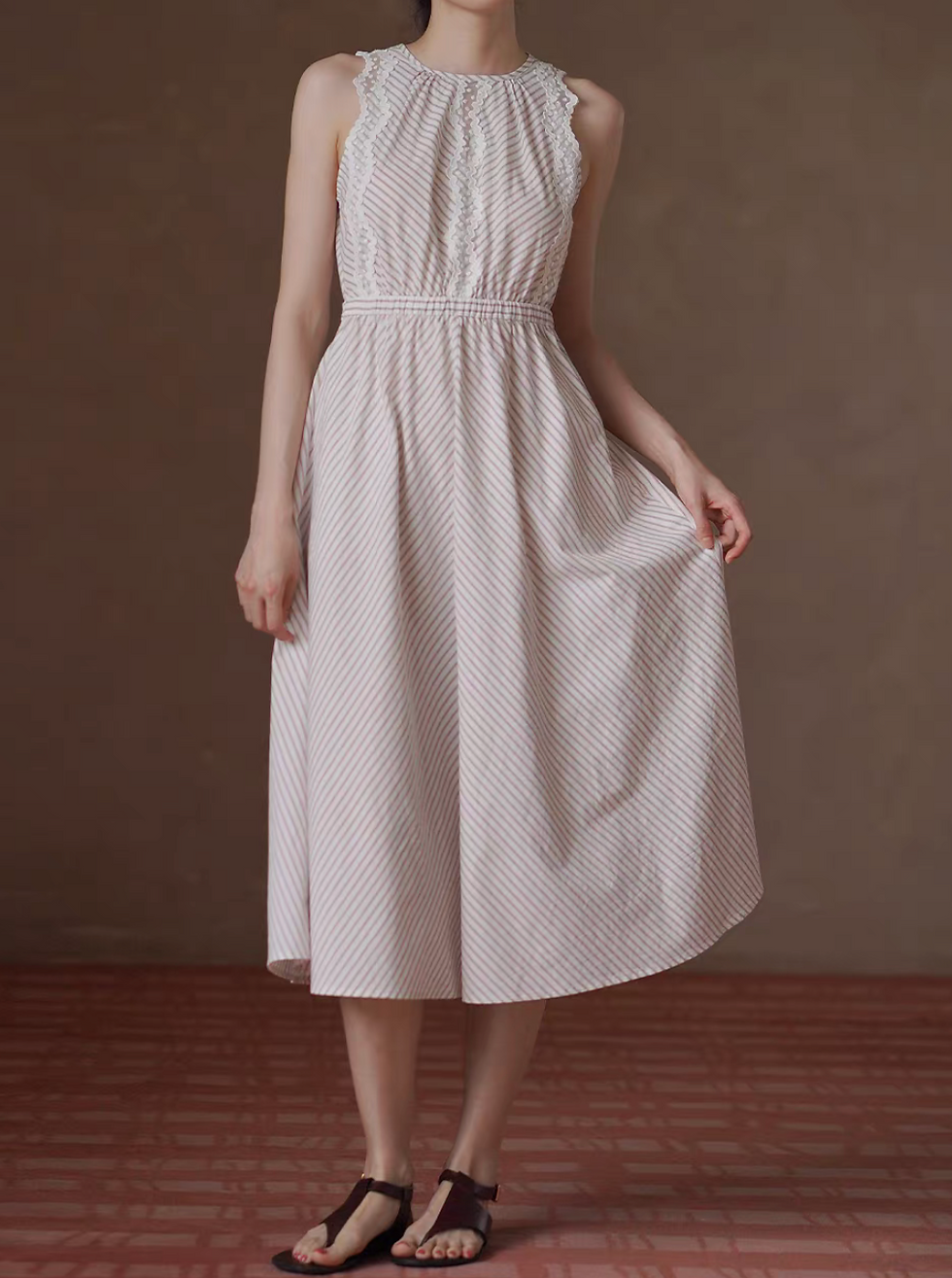 Thumbnail: Laced wavy trim striped embossed beige ivory halter sleeveless dress