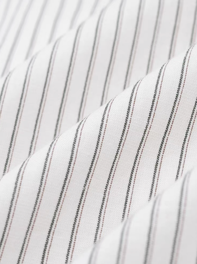 Beige cotton striped docking laced layered mid length double collars shirt 13