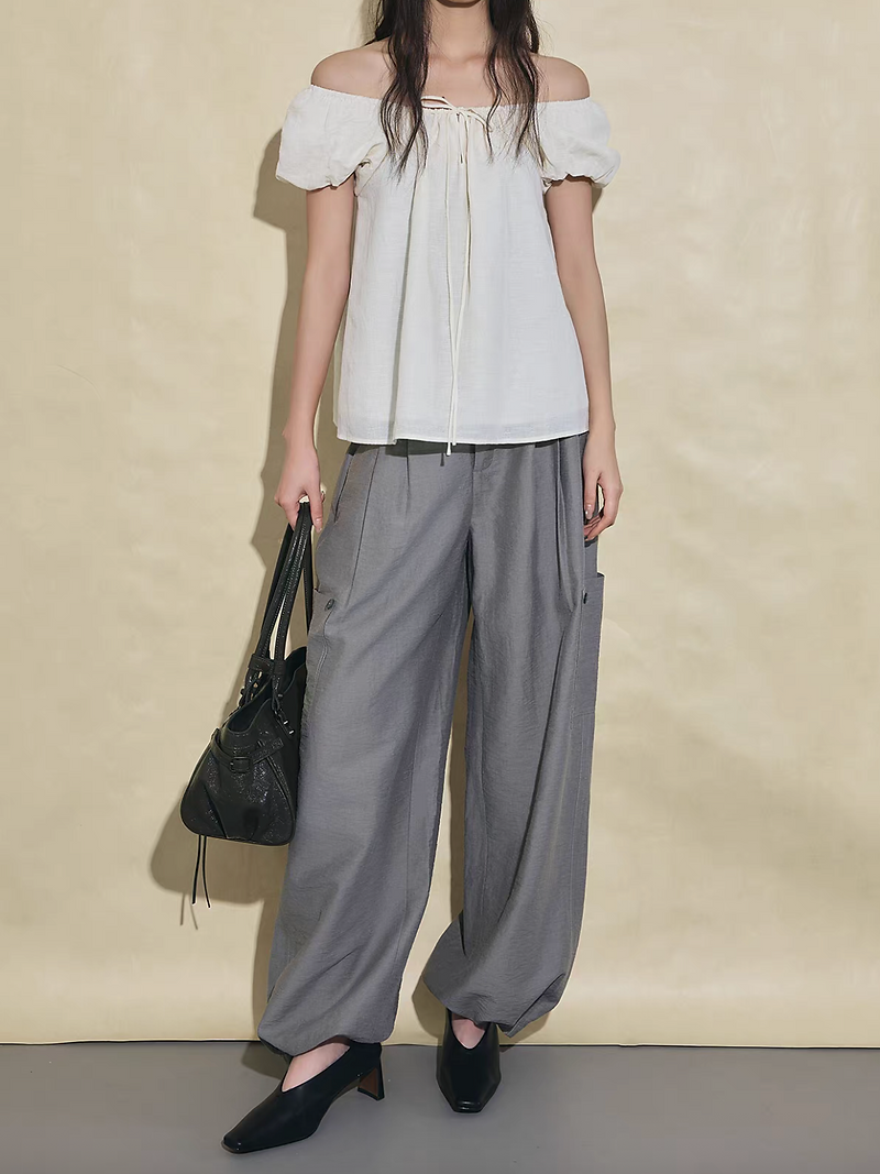 Two way French style puff sleeves layered lined cotton lyocell drawstring blouse 10
