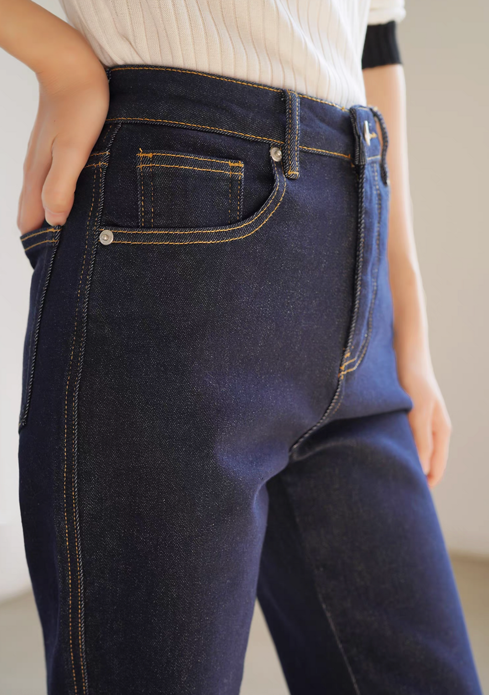 Thumbnail: Bronze stitched high waisted taper jeans