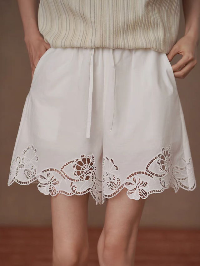 Floral crochet cotton drawstring white shorts 2