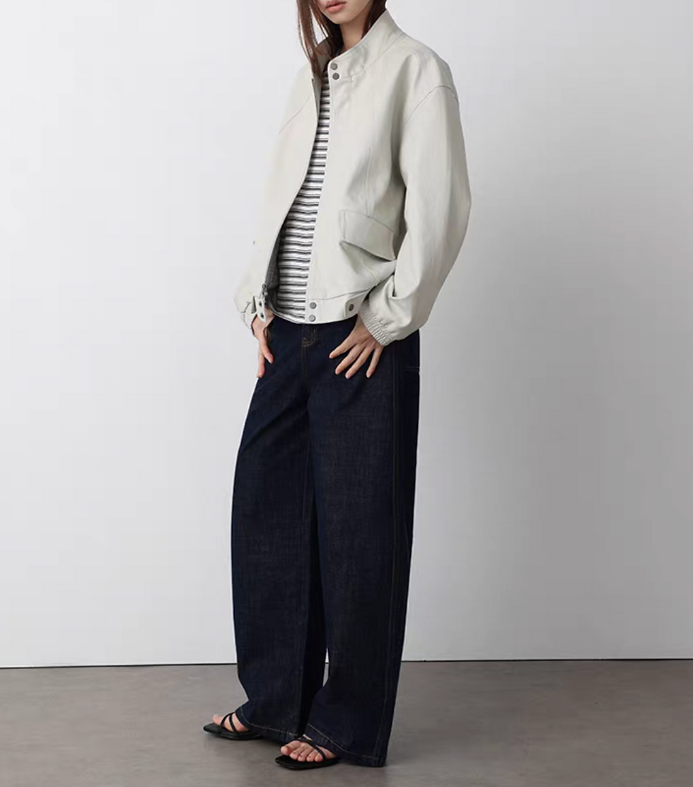 Thumbnail: Synthetic leather crewneck clasped buttoned zipper jacket