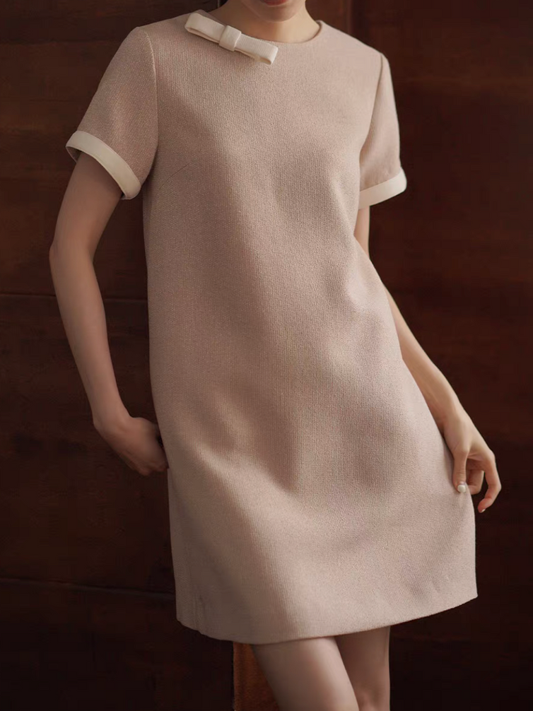 Bi color pastel pink ivory bow poly tweed midi dress 1