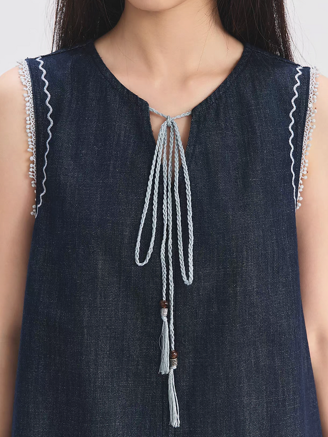 Drawstring dark navy tassels frills denim boxy vest 6