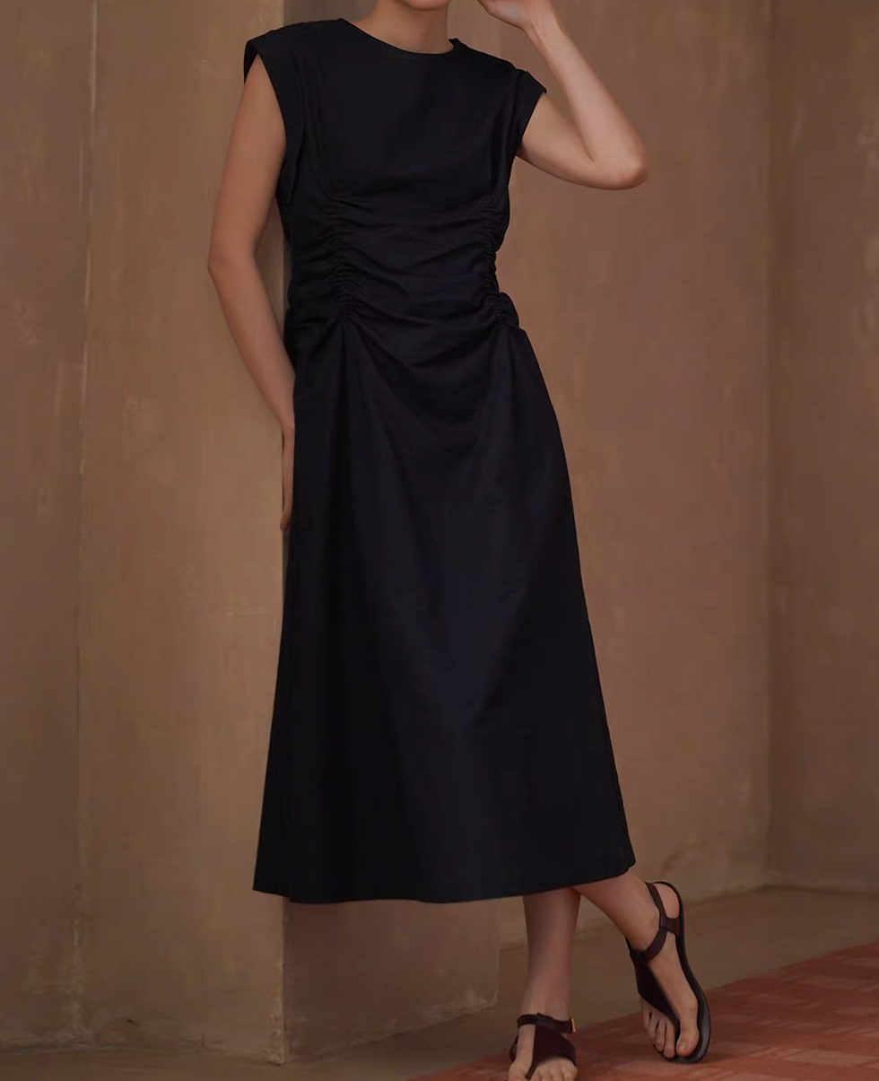 Thumbnail: Elastic ruffles flutter sleeve cotton linen slim cut navy sleeveless dress