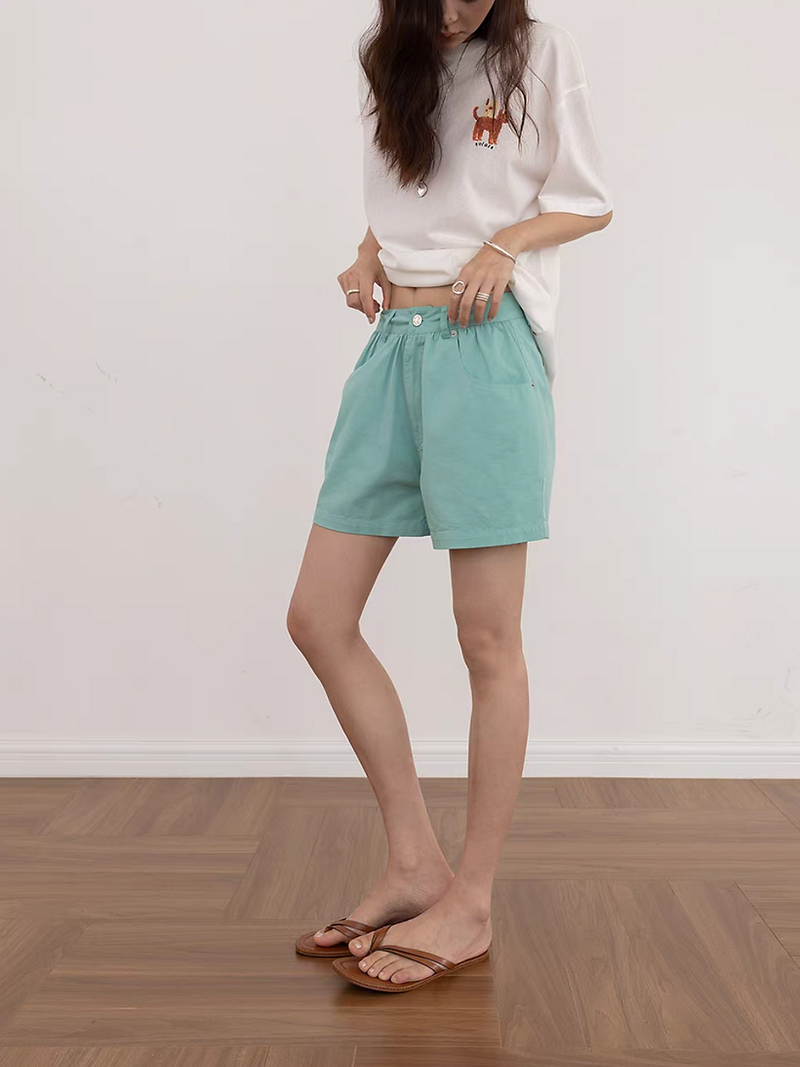 Cotton pleats high waisted shorts 7