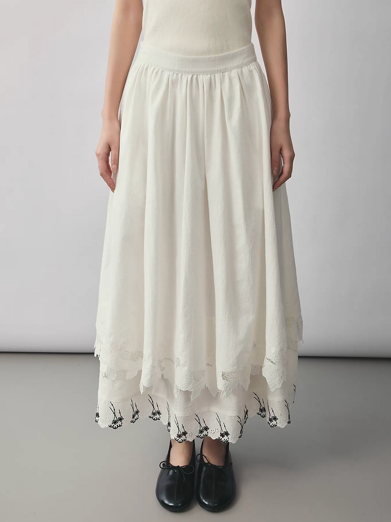 Floral crochet trim cotton linen layered music notes elasticated skirt 8