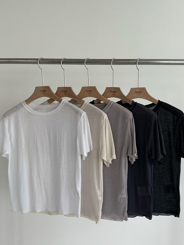 Partial sheer cotton nylon rolled rim crewneck tee  13