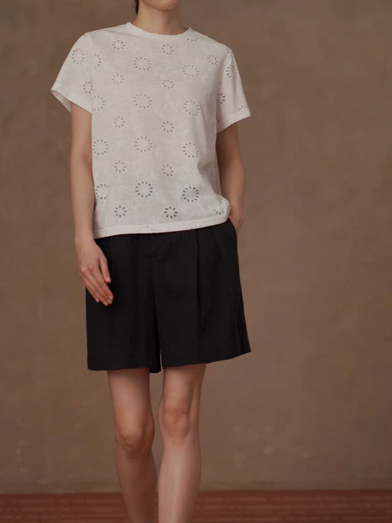 Crewneck crochet floral patterned pure cotton white tee 8