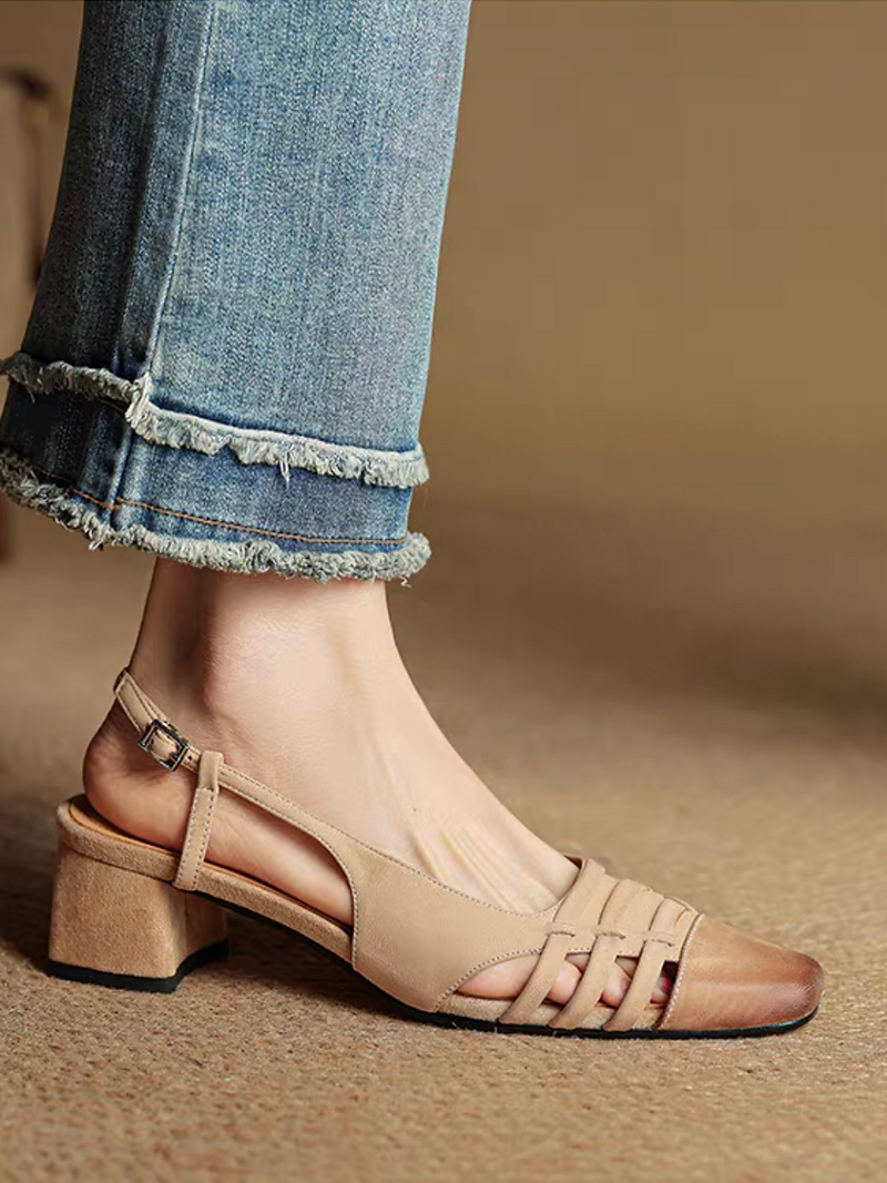 Brushed off lambskin suede weaves sling back low heel sandals 4
