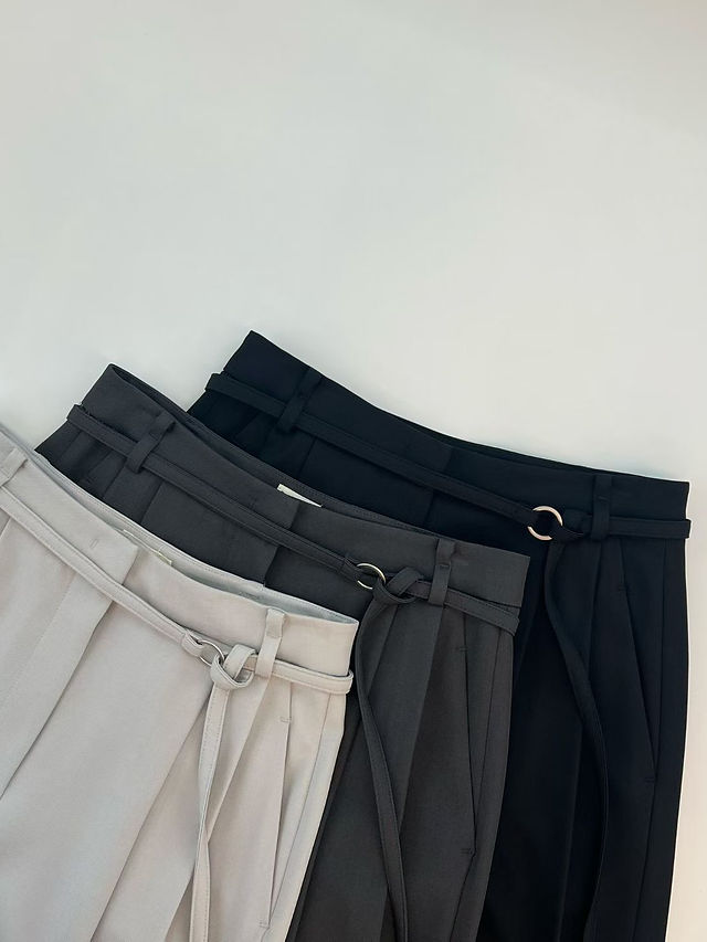  Belted poly spandex pleated high rise straight pants  4