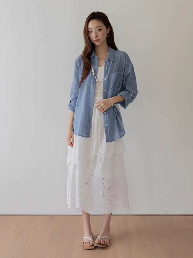 Pure cotton ivory wavy trim crochet floral lined layer elasticated skirt 4