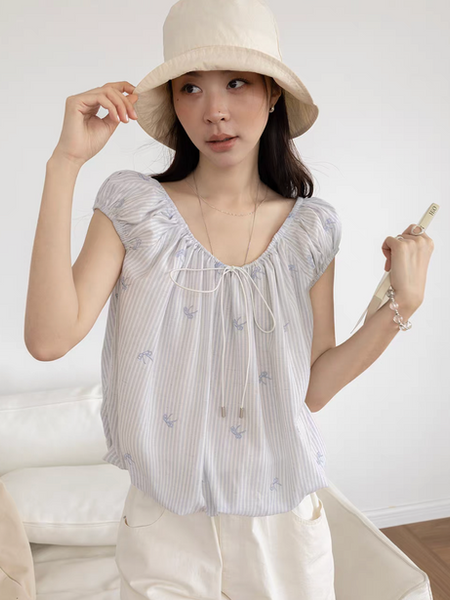 Blue white embroidered ribbons two way drawstring cotton linen blouse