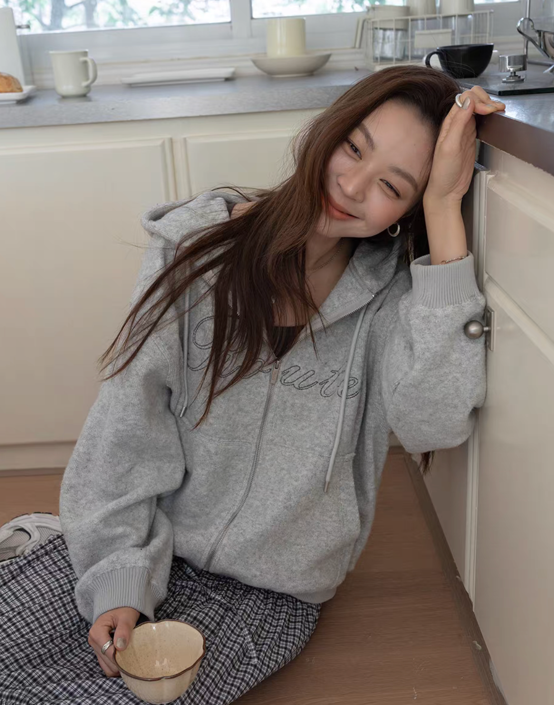 Embroidered cotton rayon wool hoodie zipper jacket