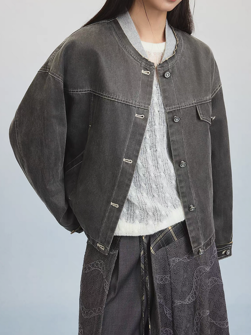 Distressed trim grey denim crewneck jacket 1