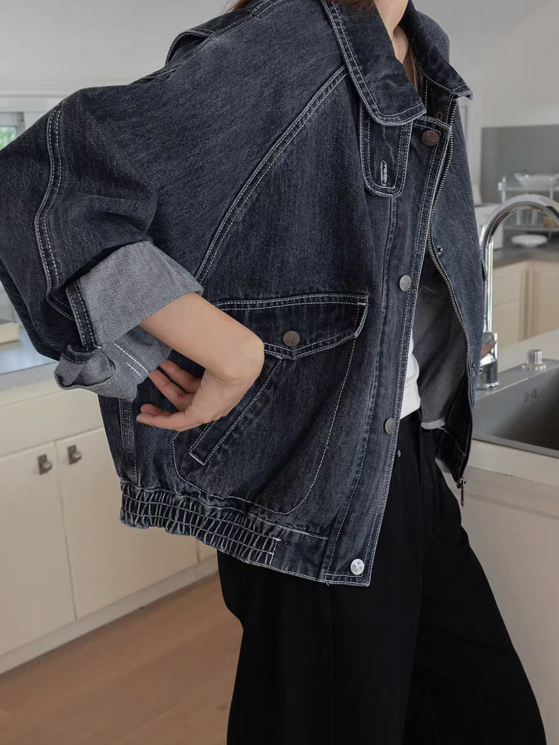 Acid washed dark navy denim polo two way denim jacket 2
