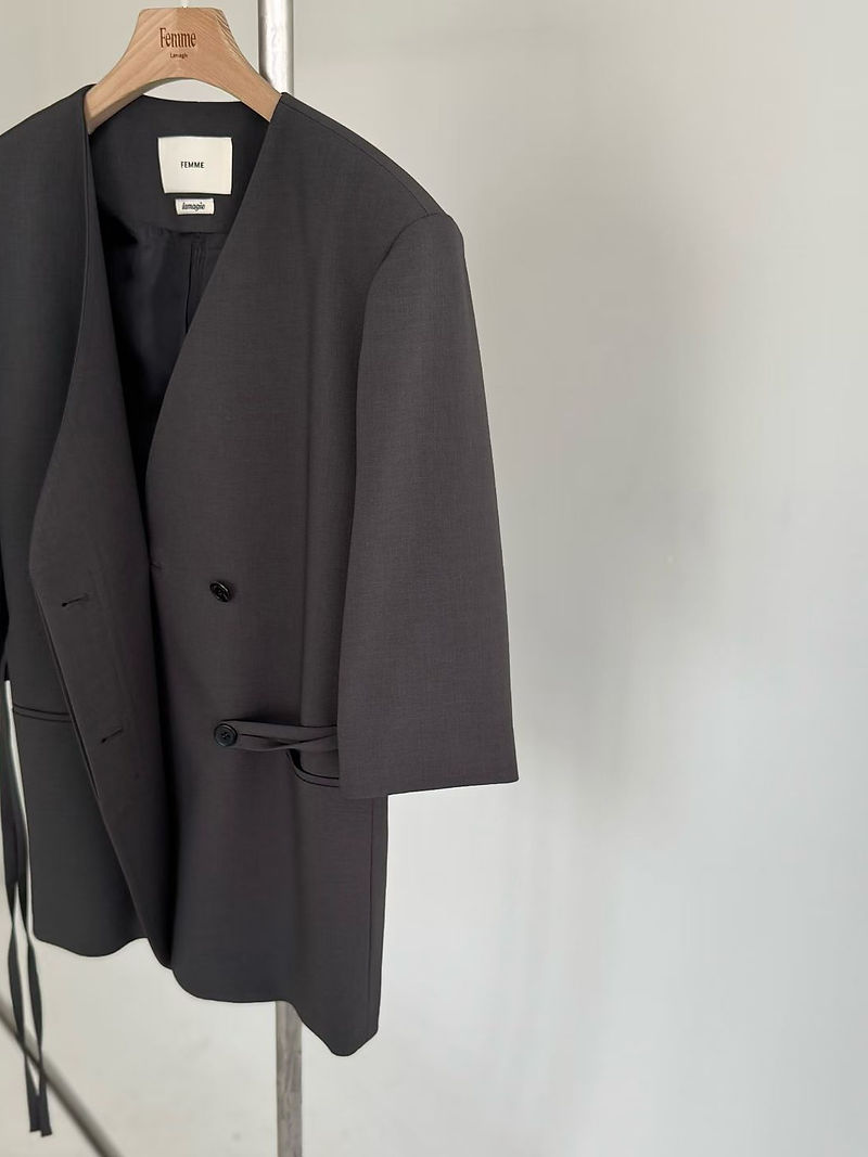 Side belted V neck cotton poly spandex mid length blazer jacket  4