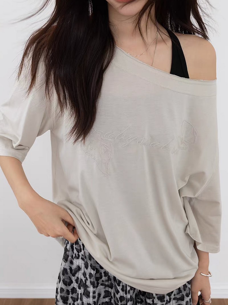 Modal cotton embroidered one shoulder relaxed tee 5