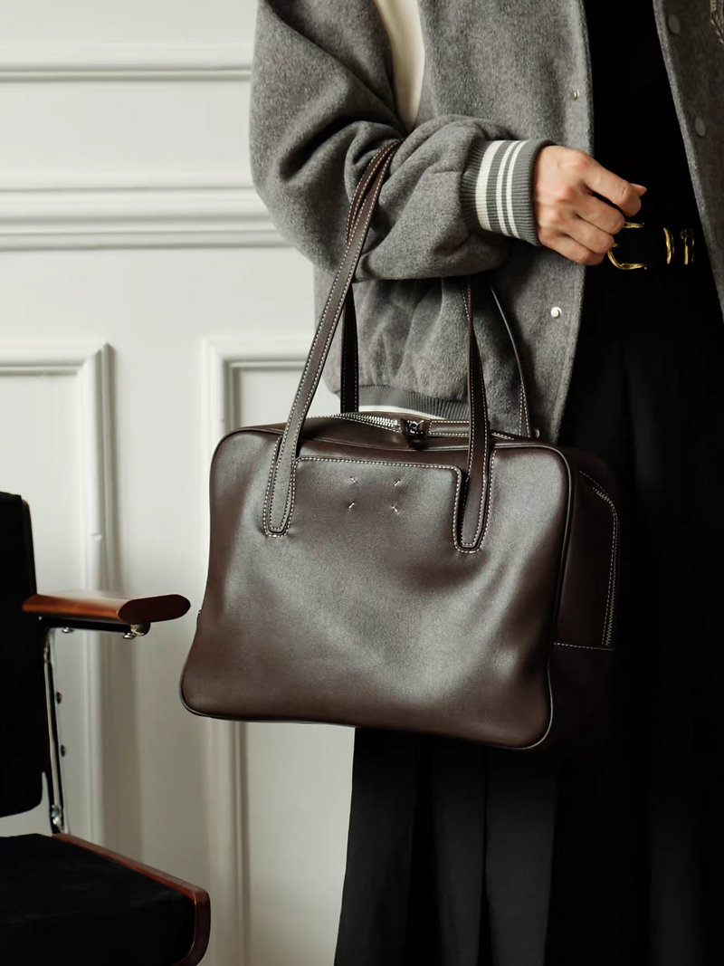 Brown color white stitched smooth calf leather bowling bag 7