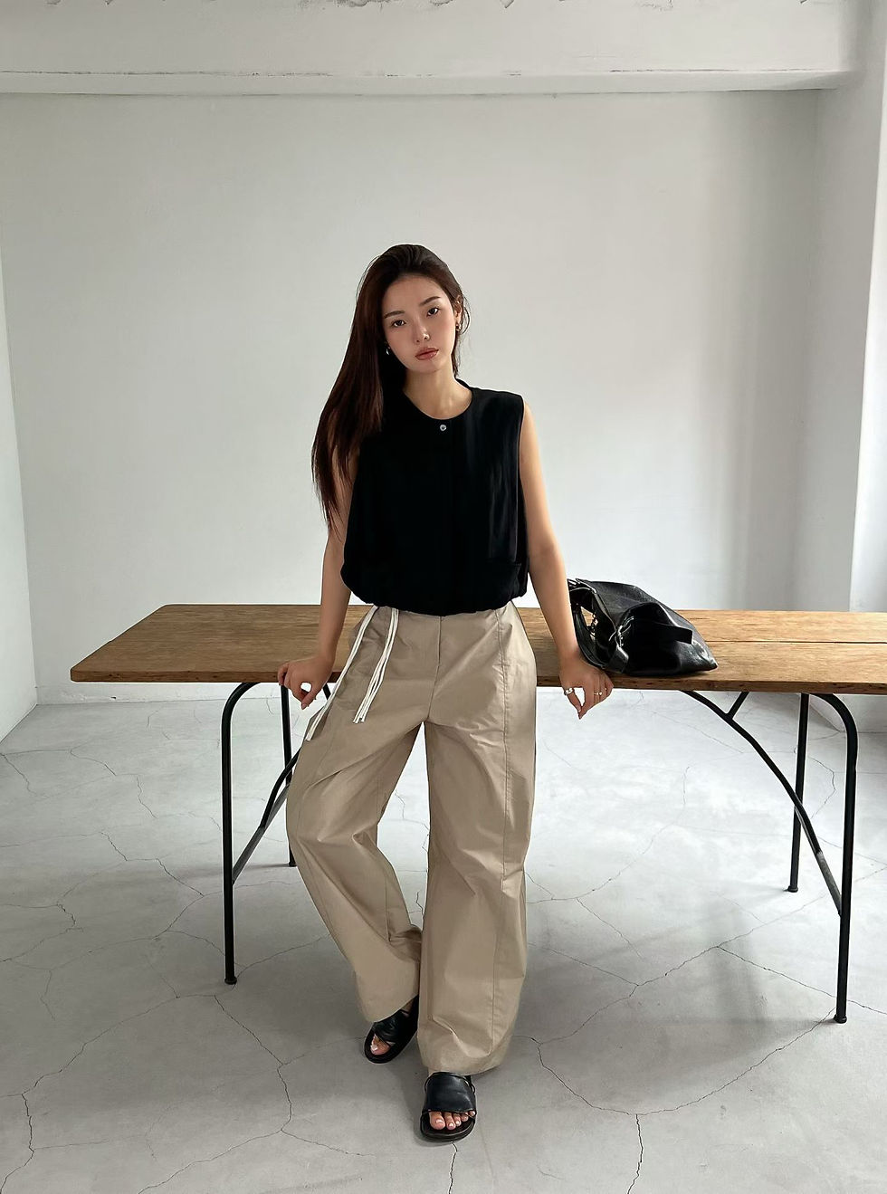 Thumbnail: Belted cotton rayon barrel leg high rise pleated pants 