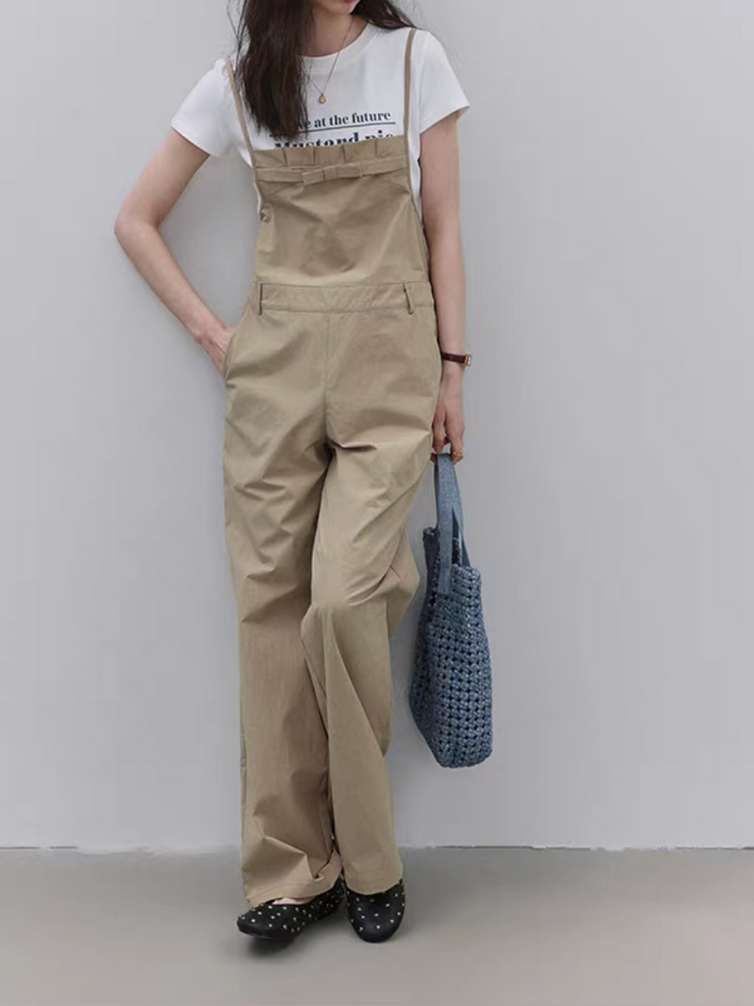 Khaki beige cotton pleated front bow overalls 4