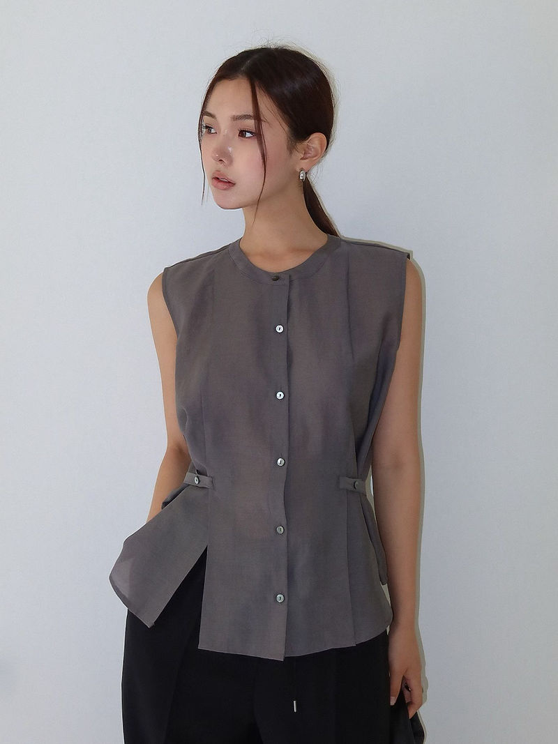 Summer wool poly lyocell sheer side buttoned slit belted detailed vest 11