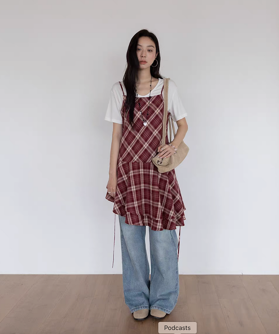 Thumbnail: Asymmetric checker cotton linen slipdress / matching blouse