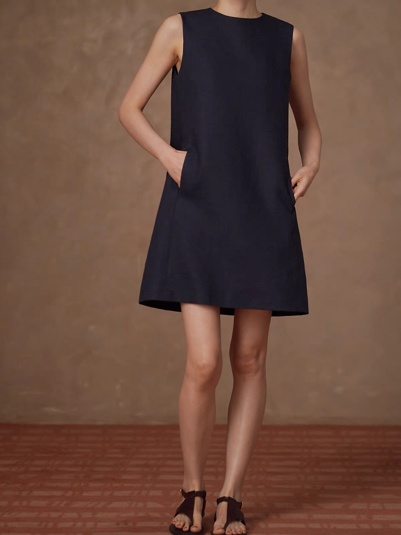 Navy cotton lyocell line sleevelss back buttoned wavy trim dress 9