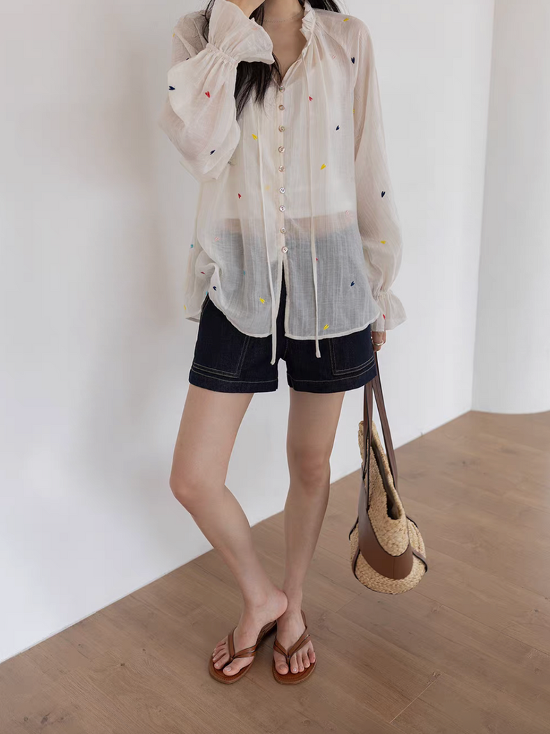 Hearts embroidered sheer tencel rayon ruffle trim drawstring blouse / ja 13