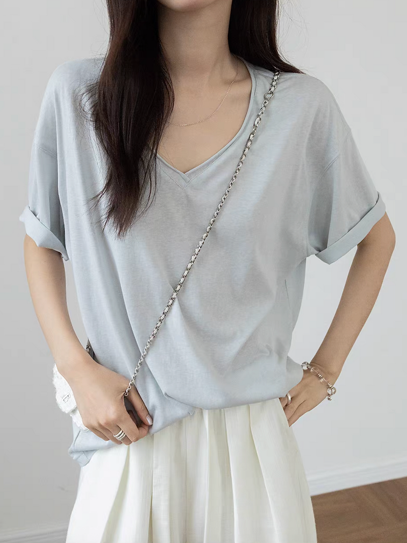 V neck pure cotton boyfriend mid length tee 9