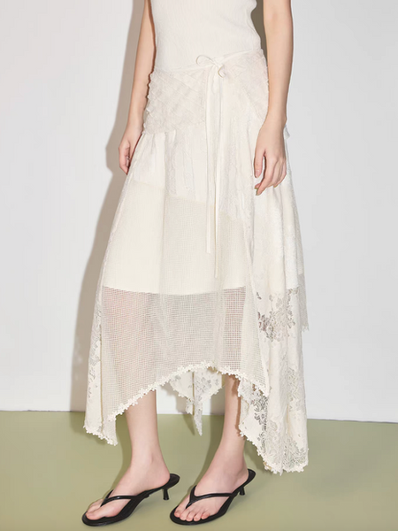 Ivory cotton tencel rayon docking lace asymmetric lined side knot table skirt