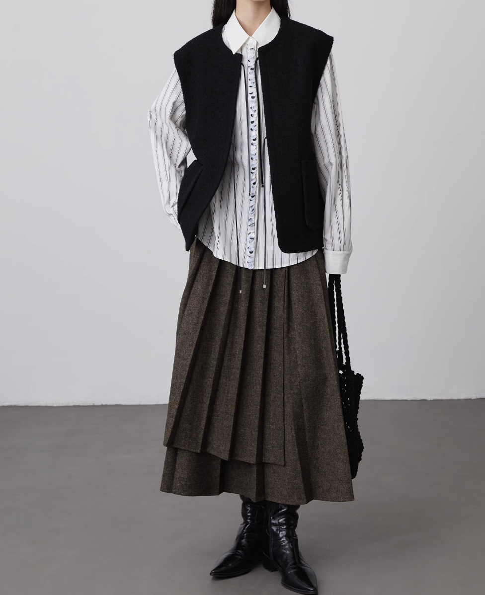 Thumbnail: High waisted layered asymmetric pleated khaki charcoal side straps skirt