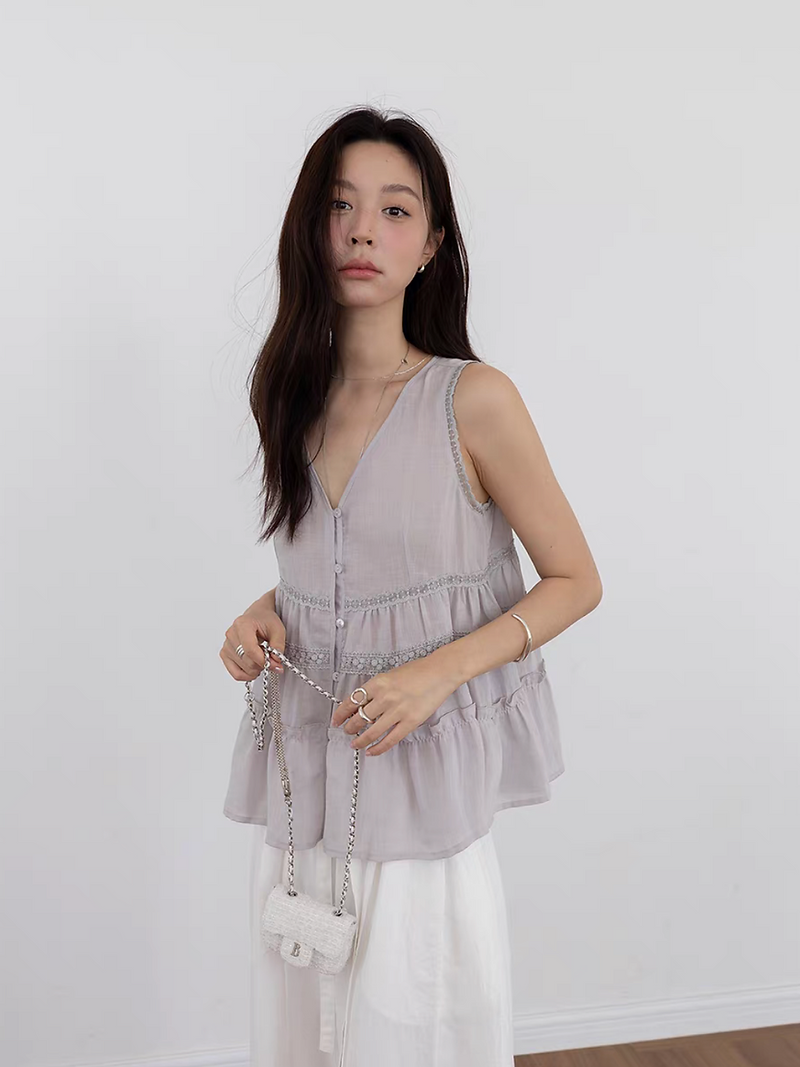 Lyocell tencel linen laced trim V neck sheer vest 12