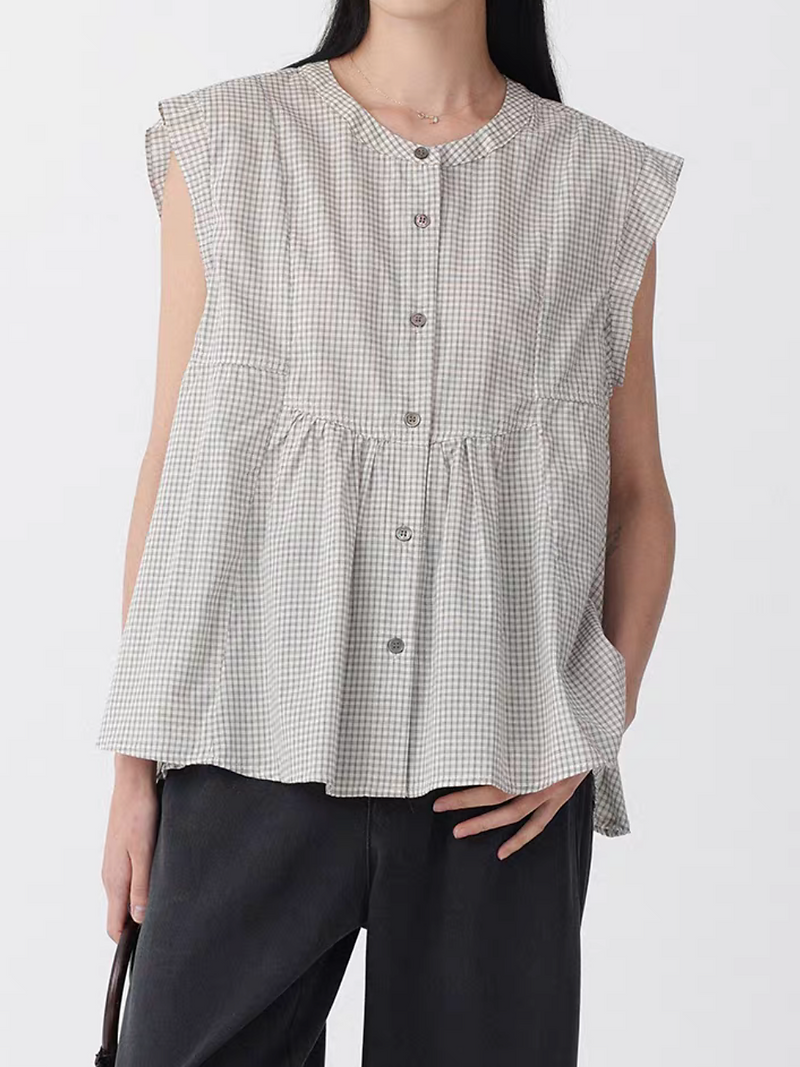 Grey checker cotton shell buttoned flare peplum blouse 2