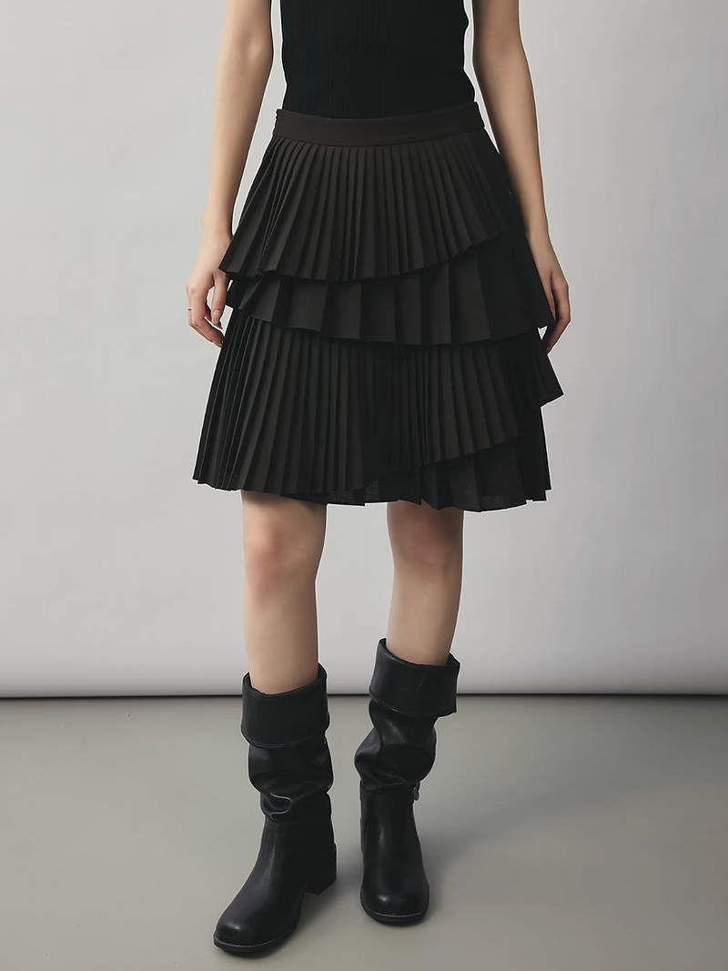 High waisted black poly rayon pleated asymmetric skirt 7
