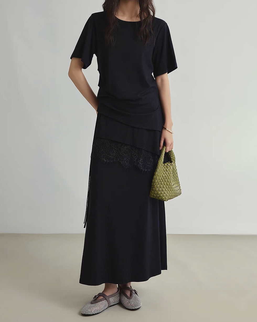Thumbnail: Elasticated diagonal lace docking layer lyocell poly rayon linen A line skirt
