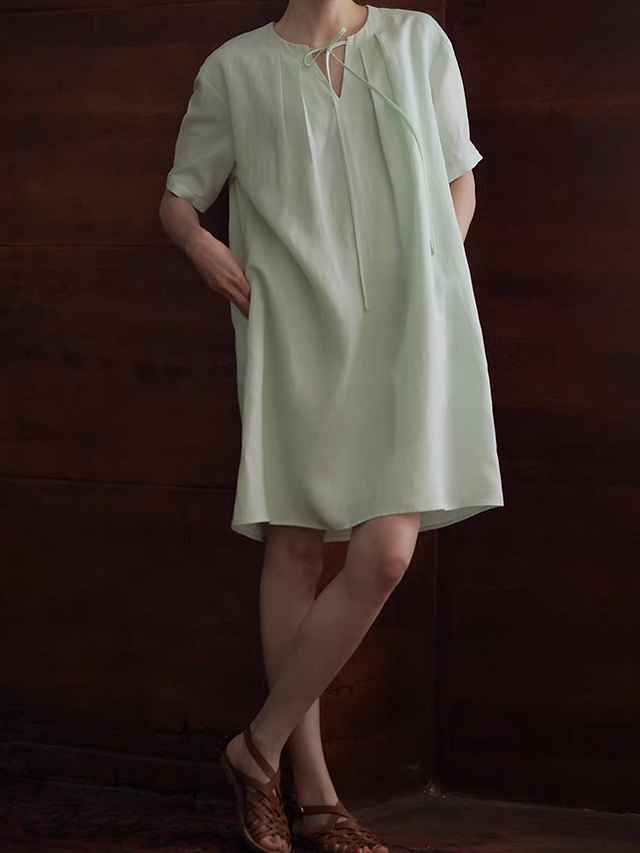 Mint pastel green pure linen drawstring side pockets midi dress 2
