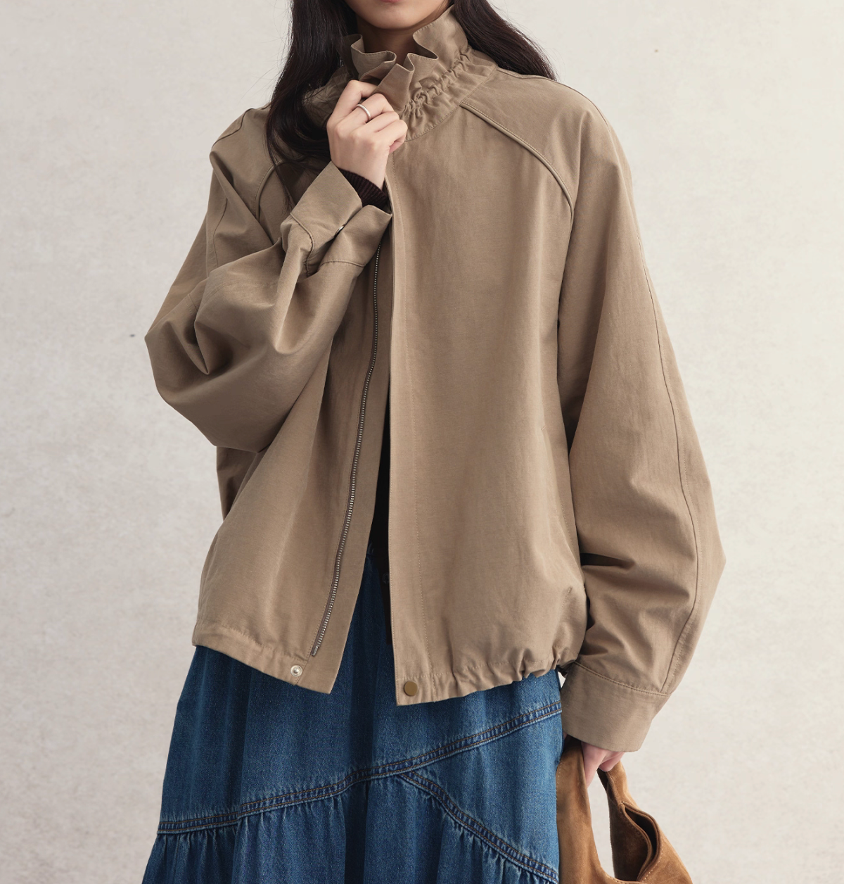 Ruffle drawstring collar cotton linen jacket