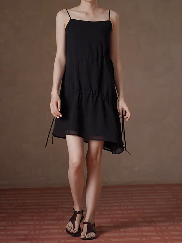 Pure lyocell embossed lined waist drawstring asymmetric little black slipdress 6