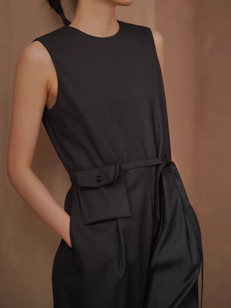 Belted charcoal cotton poly rayon sleeveless romper 13