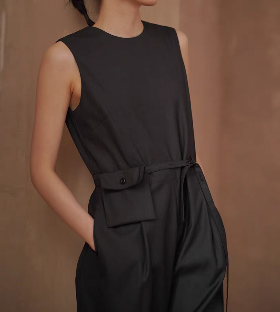 Thumbnail: Belted charcoal cotton poly rayon sleeveless romper