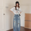 Thumbnail: Acid washed denim distressed straight cut pants