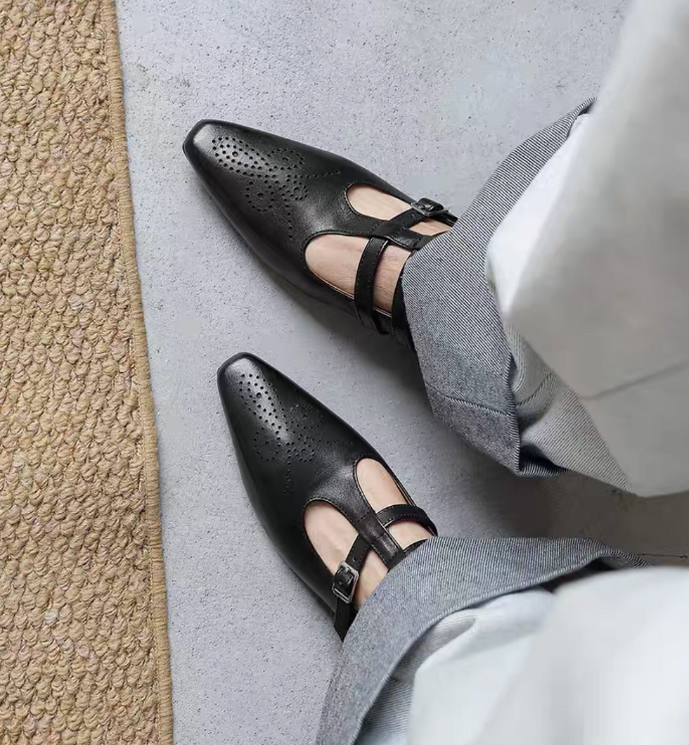 Thumbnail: Brushed off pointy calf leather double adjust straps brogue Mary Janes