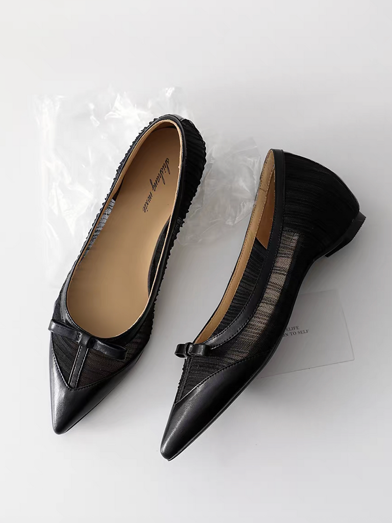 Lambskin docking fabric sheer bow pointy low heels 1