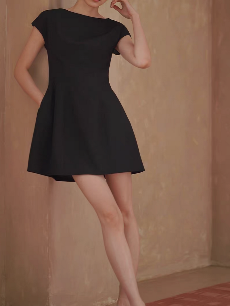 Black flutter sleeves cotton rayon midi flare slim cut dress 6