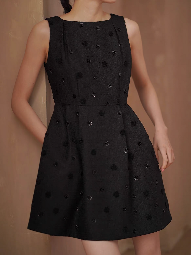 Embossed sequins black cotton poly tweed high waisted little black dress 4