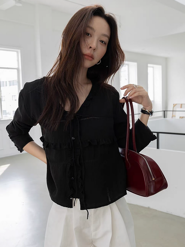 Ruffles laced trim drawstring cotton rayon lyocell blouse 4